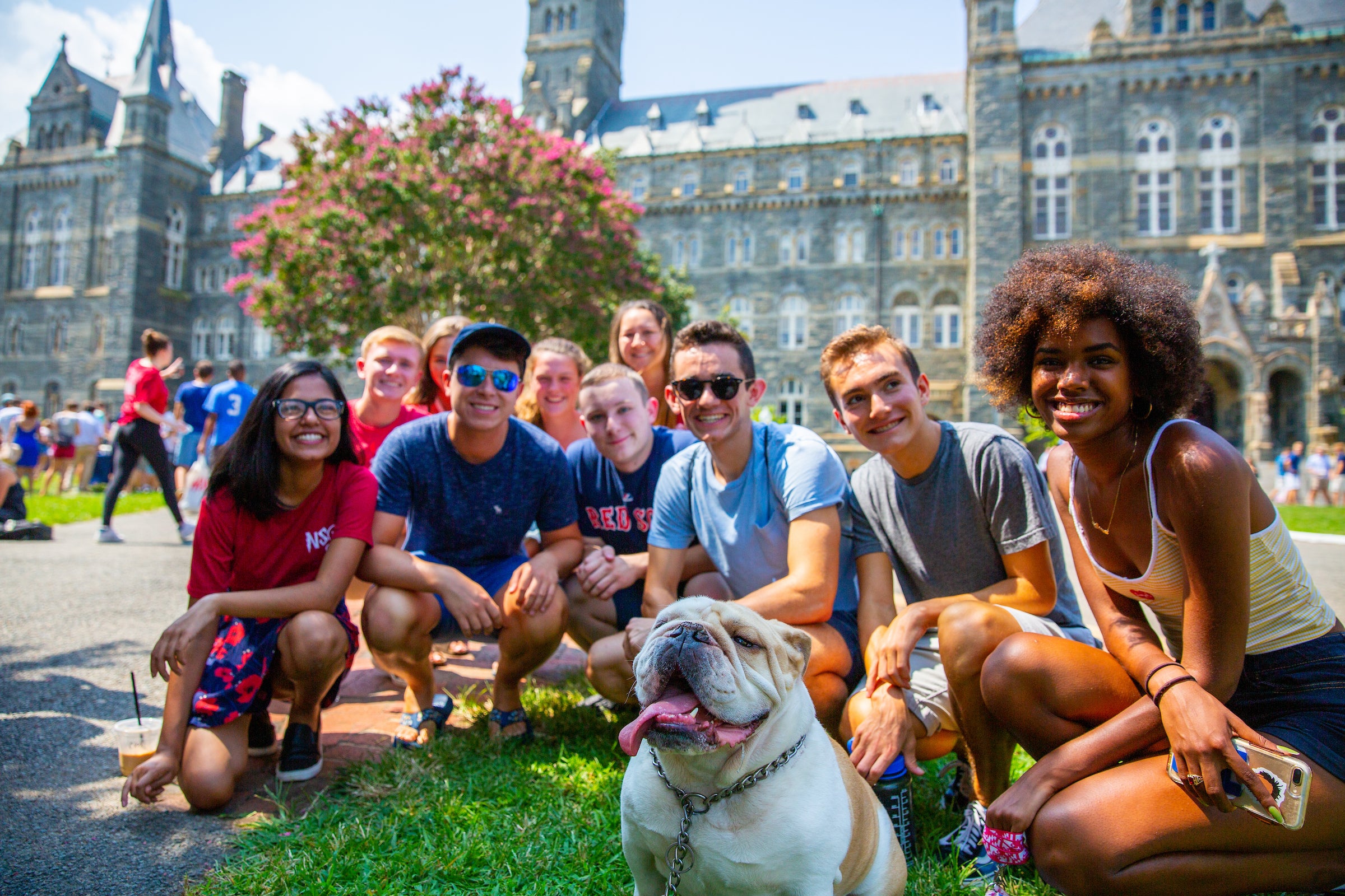 Georgetown students having a fantastic time with Jack the bulldog